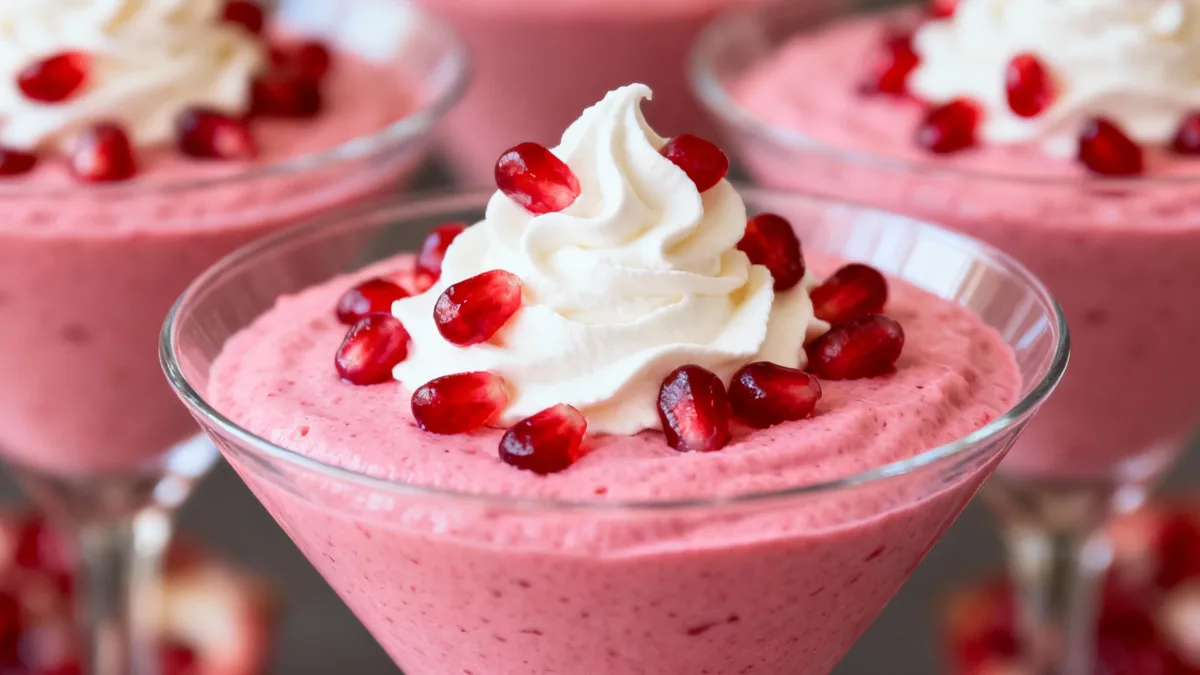 Pink Pomegranate Mousse: A Heavenly Dessert Delight Pink Pomegranate Mousse Individual servings of Pink Pomegranate Mousse in martini glasses