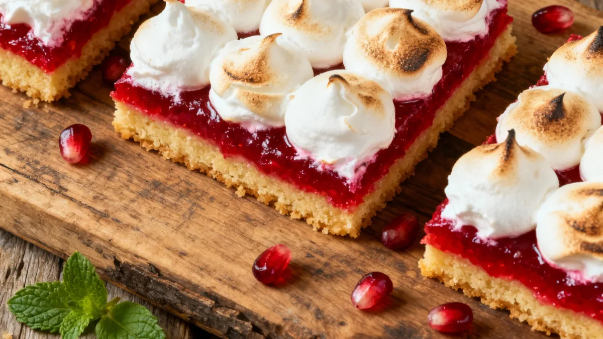 Pomegranate Meringue Bars: Your New Sweet Obsession! Pomegranate Meringue Bars Delicious Pomegranate Meringue Bars with fresh pomegranate seeds.