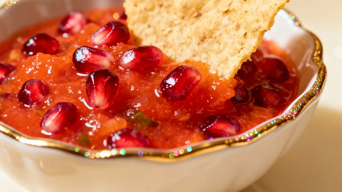 Pomegranate Salsa: The Sweet and Spicy Secret You Need to Know! Pomegranate Salsa Pomegranate Salsa served as a festive appetizer with a tortilla chip