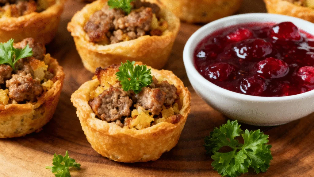 Delicious Sausage Stuffing Bites served with a side of Cranberry Dipping Sauce