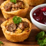 Delicious Sausage Stuffing Bites served with a side of Cranberry Dipping Sauce