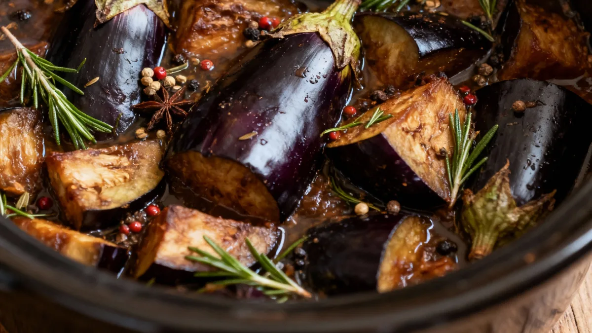 Slow-Cooked Aubergine: Effortless, Deliciously Tender Slow-Cooked Aubergine Delicious slow-cooked aubergine recipe in a rustic slow cooker.