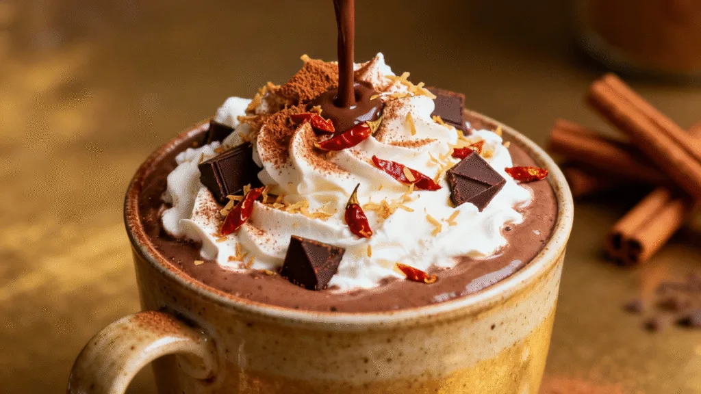 Pouring spiced hot chocolate into a ceramic mug with whipped cream and cinnamon garnish.