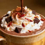 Pouring spiced hot chocolate into a ceramic mug with whipped cream and cinnamon garnish.