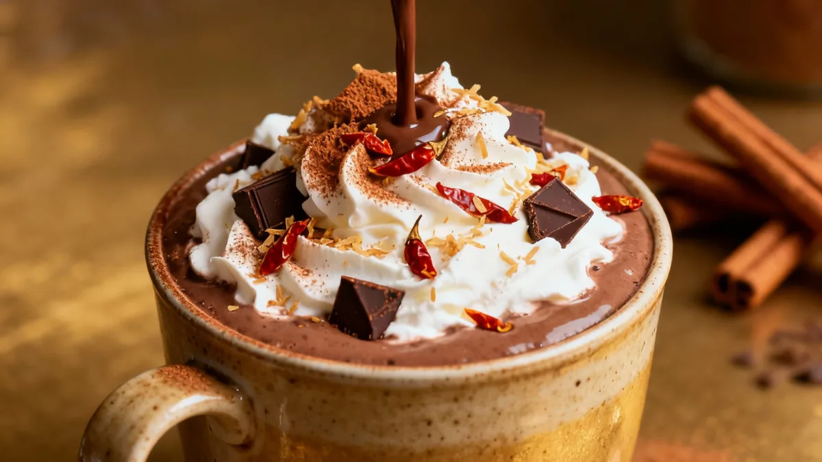 Spiced Hot Chocolate: Cozy, Comforting, and Full of Warm Flavor Spiced Hot Chocolate Pouring spiced hot chocolate into a ceramic mug with whipped cream and cinnamon garnish.