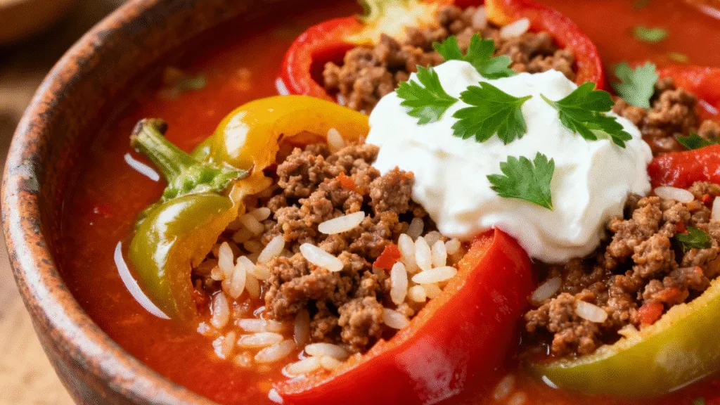Hearty and delicious stuffed pepper soup in a rustic bowl.