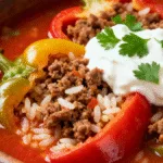 Hearty and delicious stuffed pepper soup in a rustic bowl.