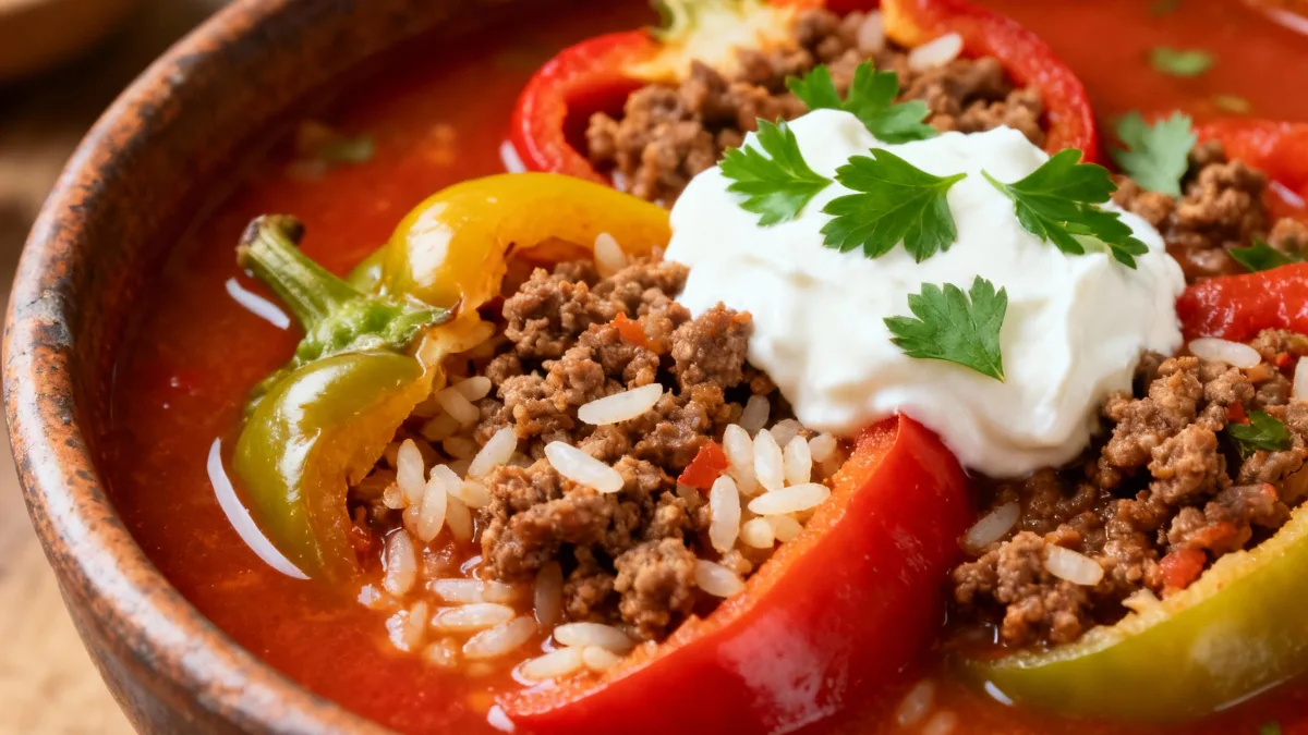 Stuffed Pepper Soup: Your New Weeknight Dinner BFF! Stuffed Pepper Soup Hearty and delicious stuffed pepper soup in a rustic bowl.