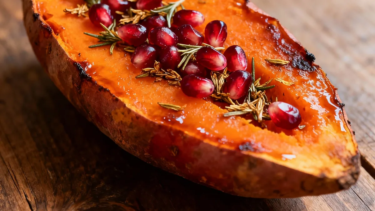 Sweet Potato with Pomegranate Crunch: Your New Fall Flavor Bomb! Sweet Potato with Pomegranate Crunch Roasted Sweet Potato with Pomegranate Crunch and herbs.