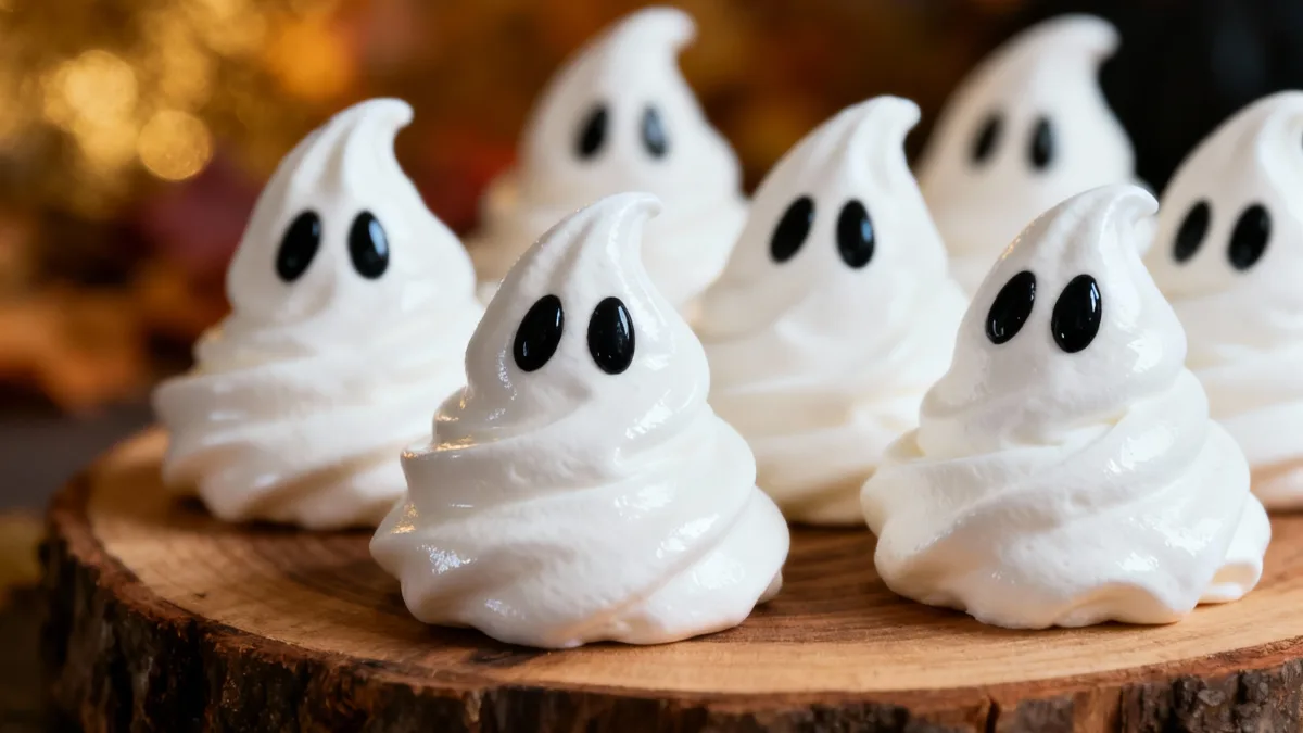 Spooky & Delicious Swiss Meringue Ghosts Swiss Meringue Ghosts Spooky Swiss Meringue Ghosts with black eyes for Halloween.