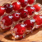 Close-up of glistening Tanghulu Cranberry Bites with a clear, cracked candy coating.