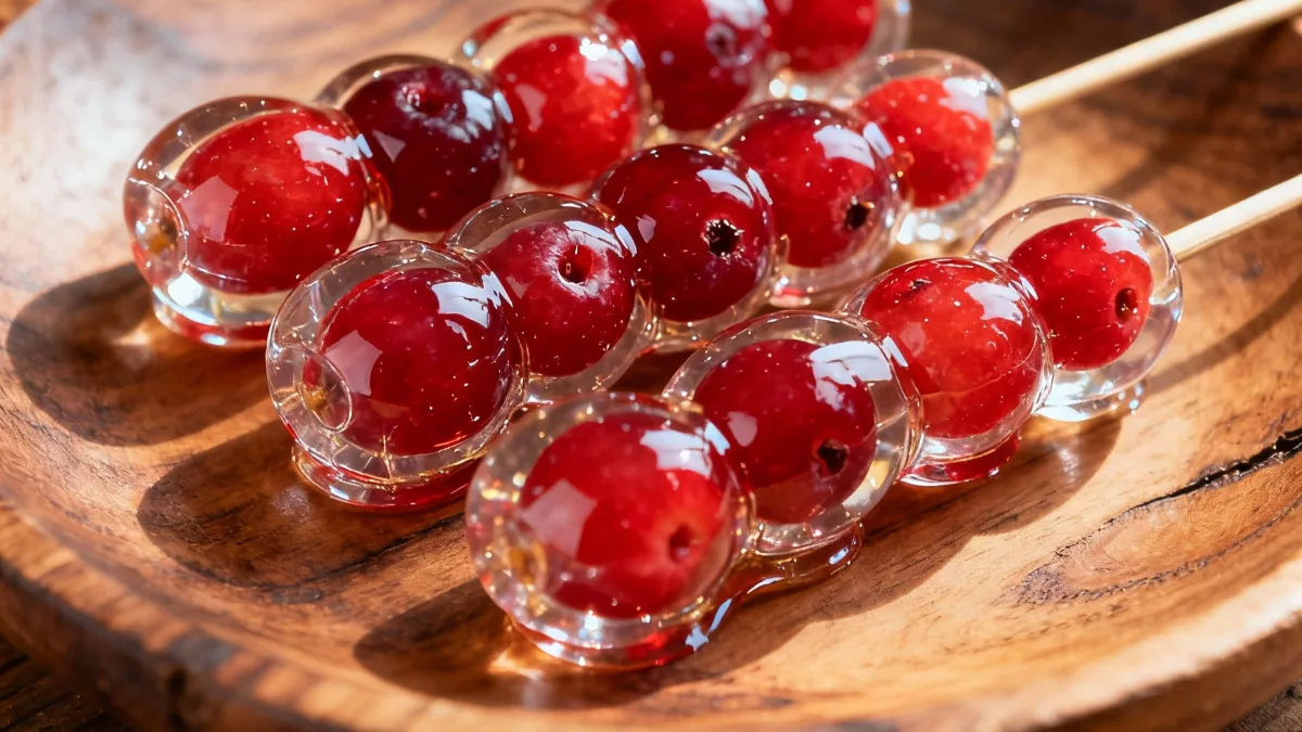Close-up of glistening Tanghulu Cranberry Bites with a clear, cracked candy coating.