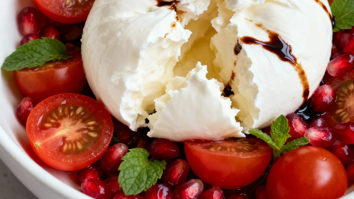 Bursting with Flavor: Tomato & Pomegranate Burrata Salad Tomato & Pomegranate Burrata Salad Single serving of delicious Tomato & Pomegranate Burrata Salad in a bowl with balsamic glaze