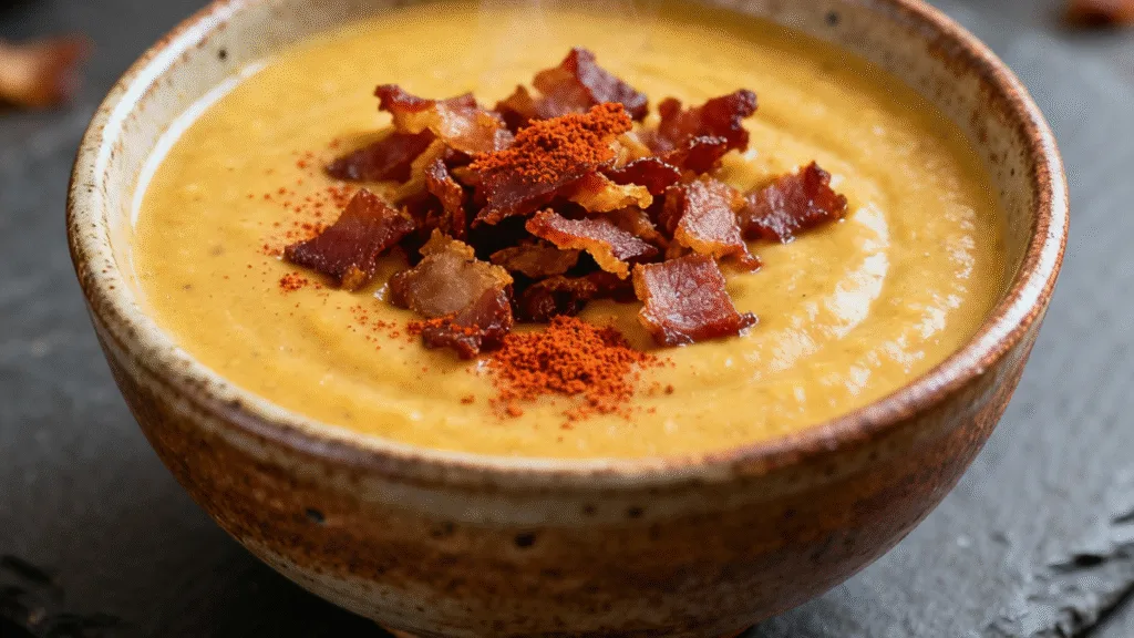 Serving of Vegan Cashew Potato Soup with Bacon Bits