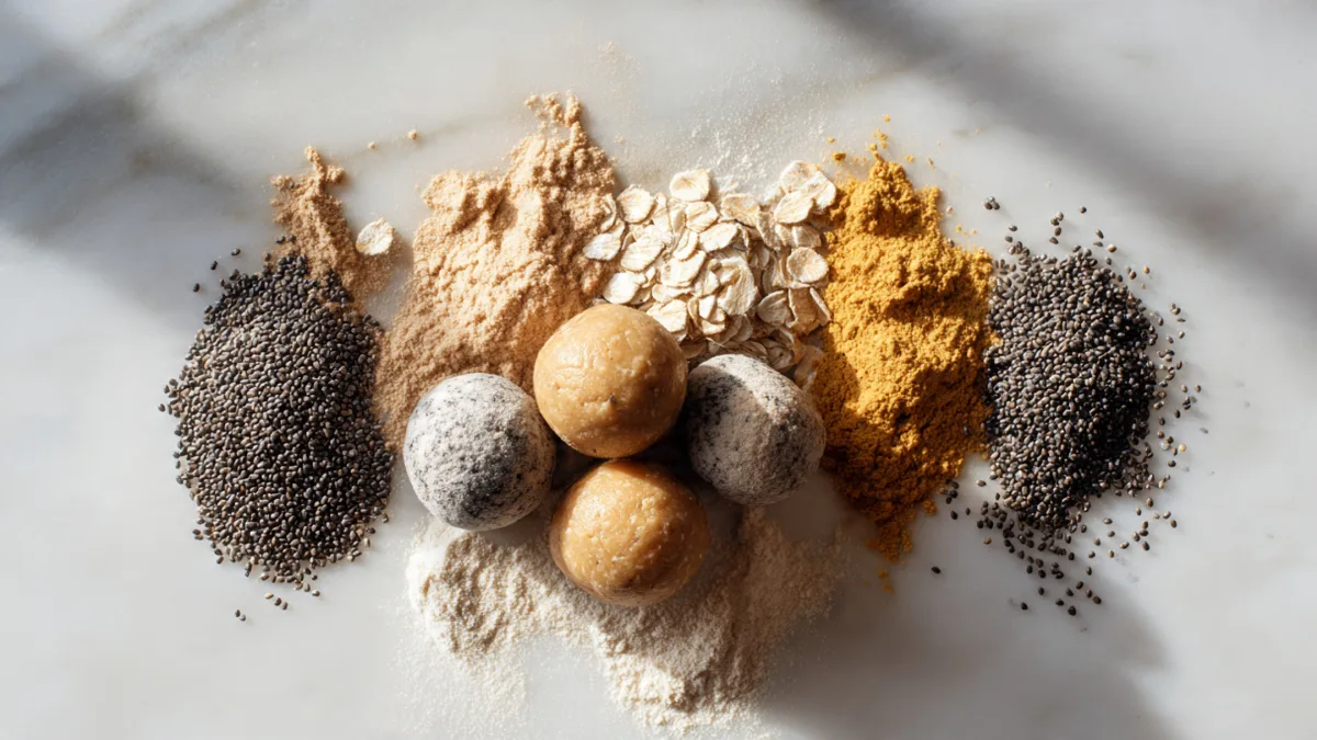 Five simple ingredients artfully arranged around a batch of no-bake, 5-ingredient protein balls for a quick, healthy snack.