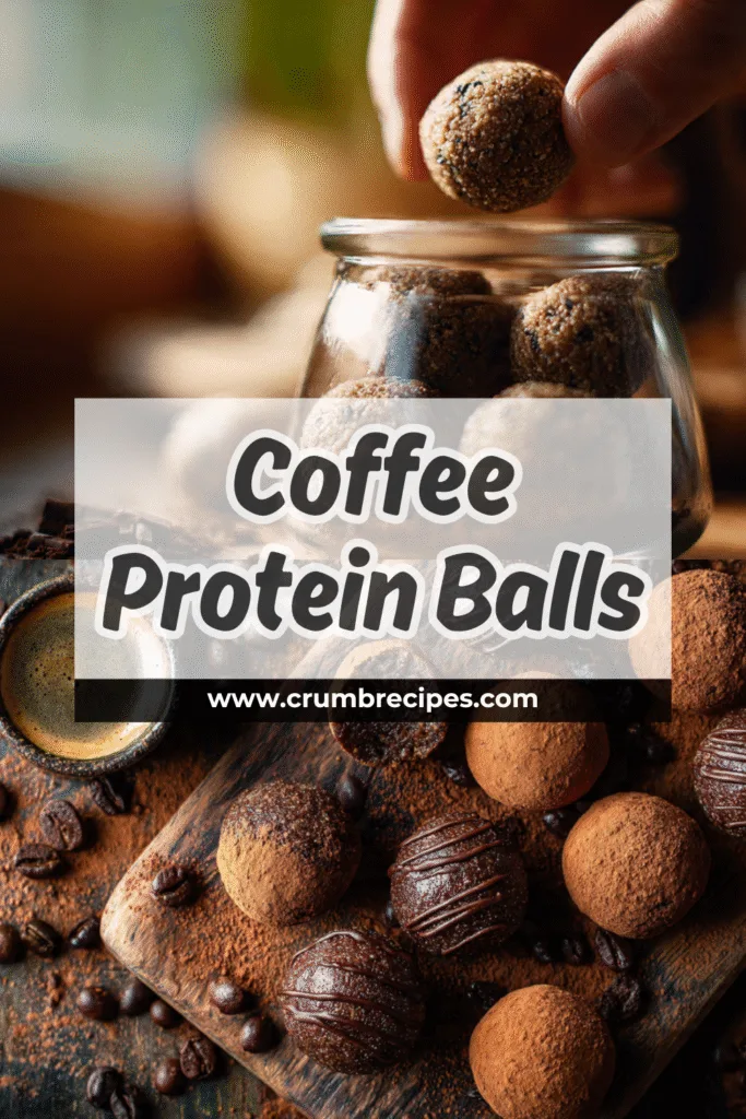 Delicious homemade coffee protein balls with coffee beans and espresso cup.