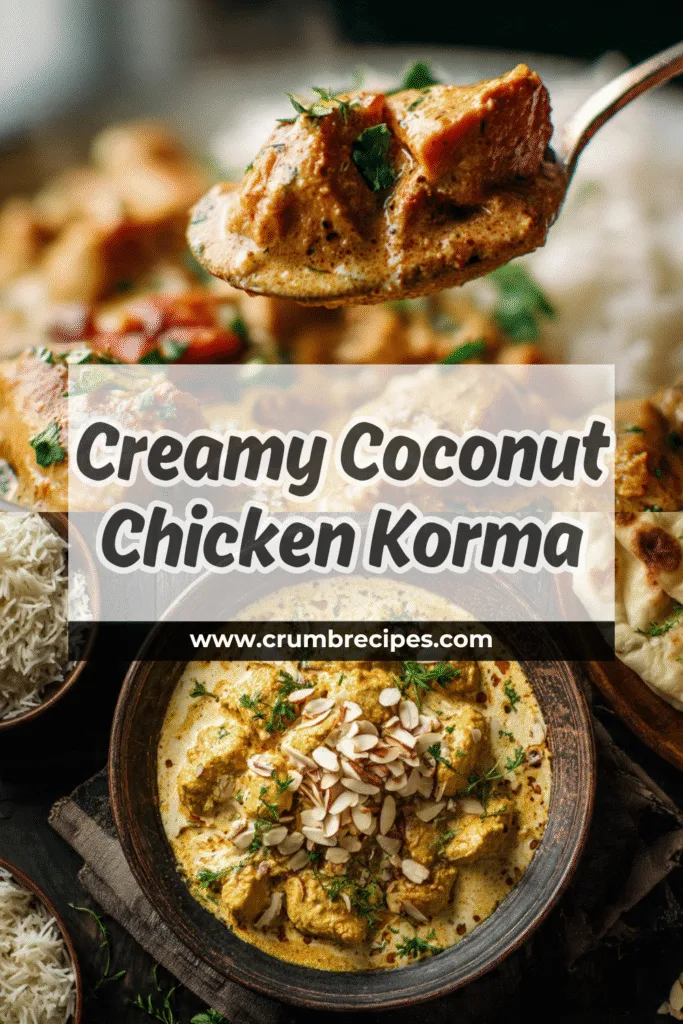 Close-up of a spoon serving rich Chicken Korma with Coconut Milk from a bowl.
