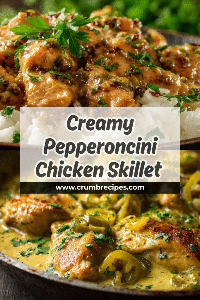 Creamy Pepperoncini Chicken Skillet with golden chicken and creamy sauce.
