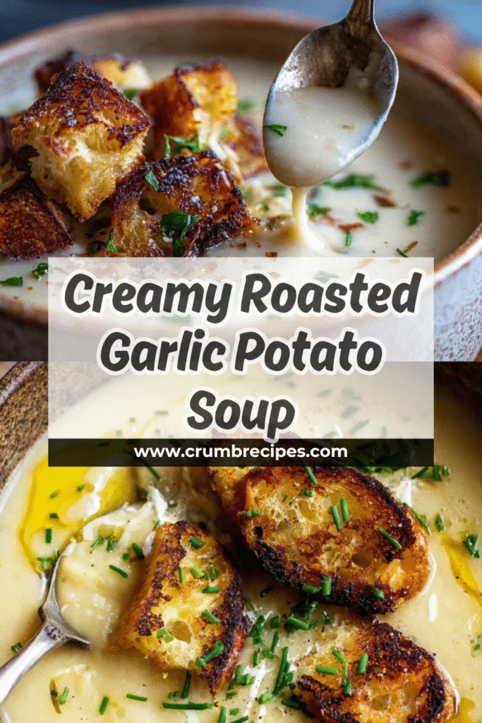 Roasted Garlic Potato Soup with Grilled Cheese Croutons