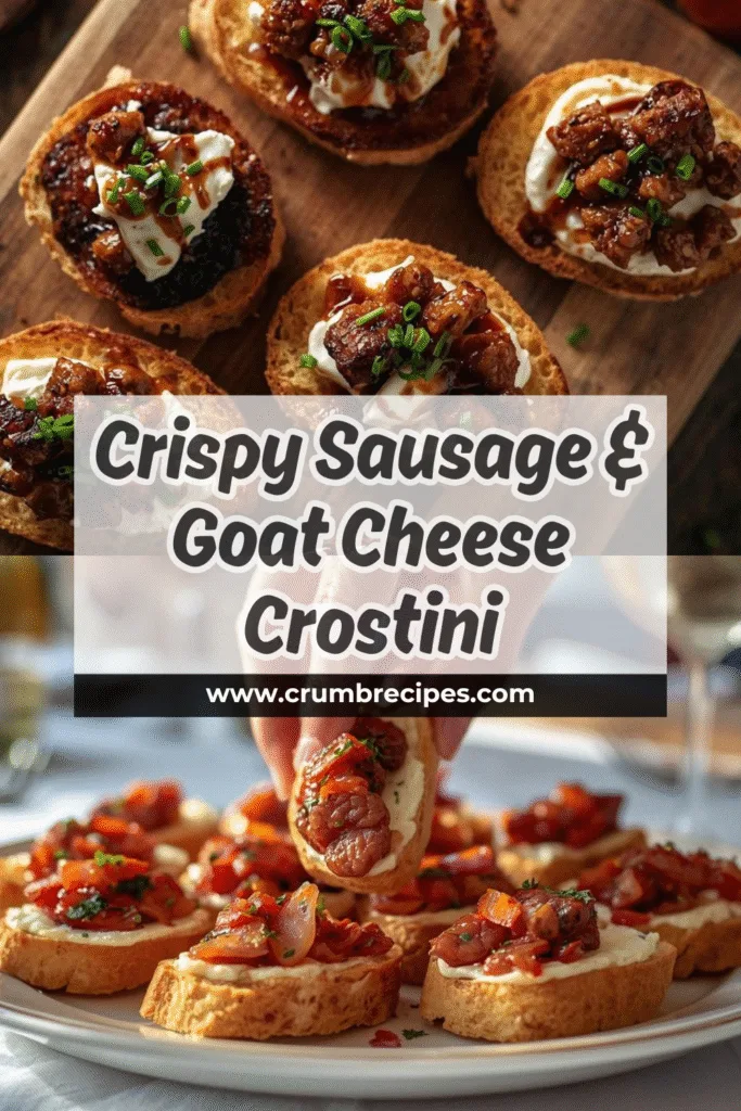 Crispy sausage and goat cheese crostini appetizer on a wooden board