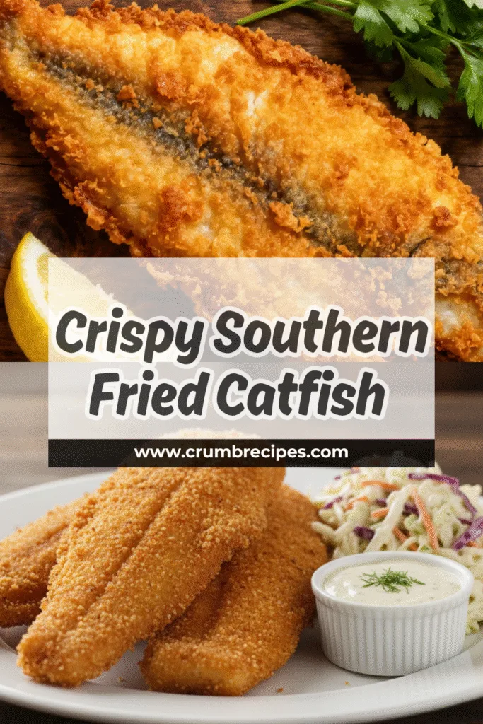 A delicious serving of Southern Fried Catfish, perfectly fried, plated with creamy coleslaw and tartar sauce, capturing a comforting meal.