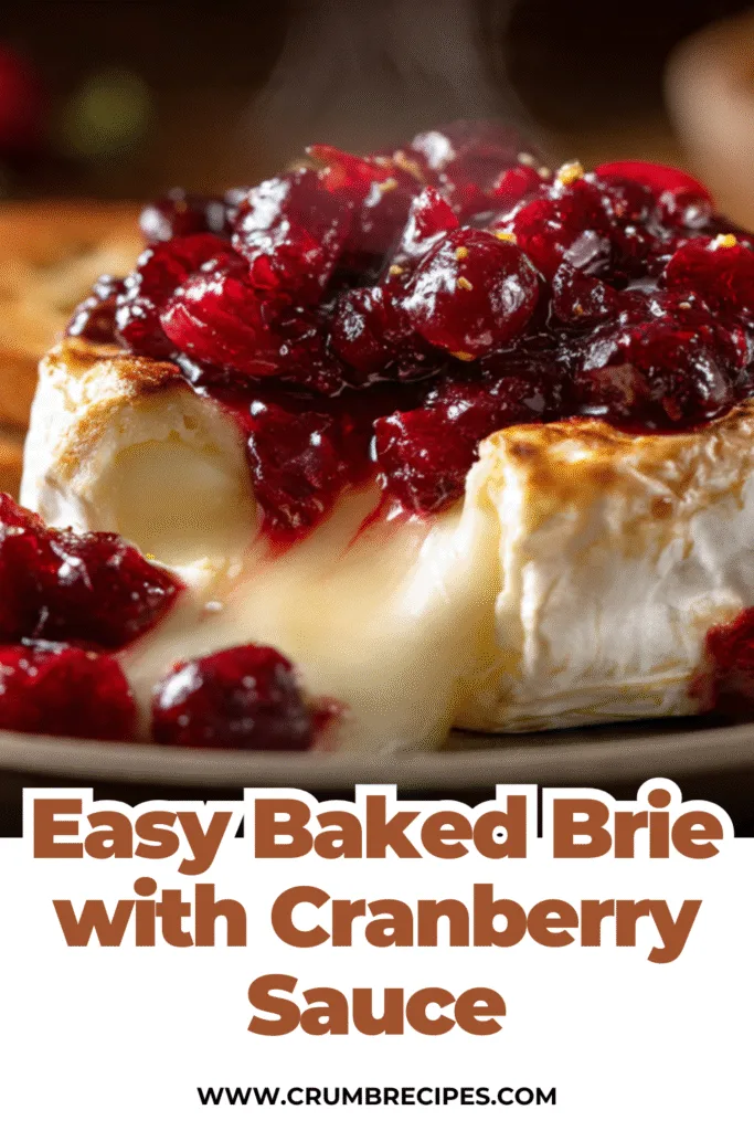 Baked Brie with Cranberry Sauce on a rustic board, garnished with rosemary and pecans.