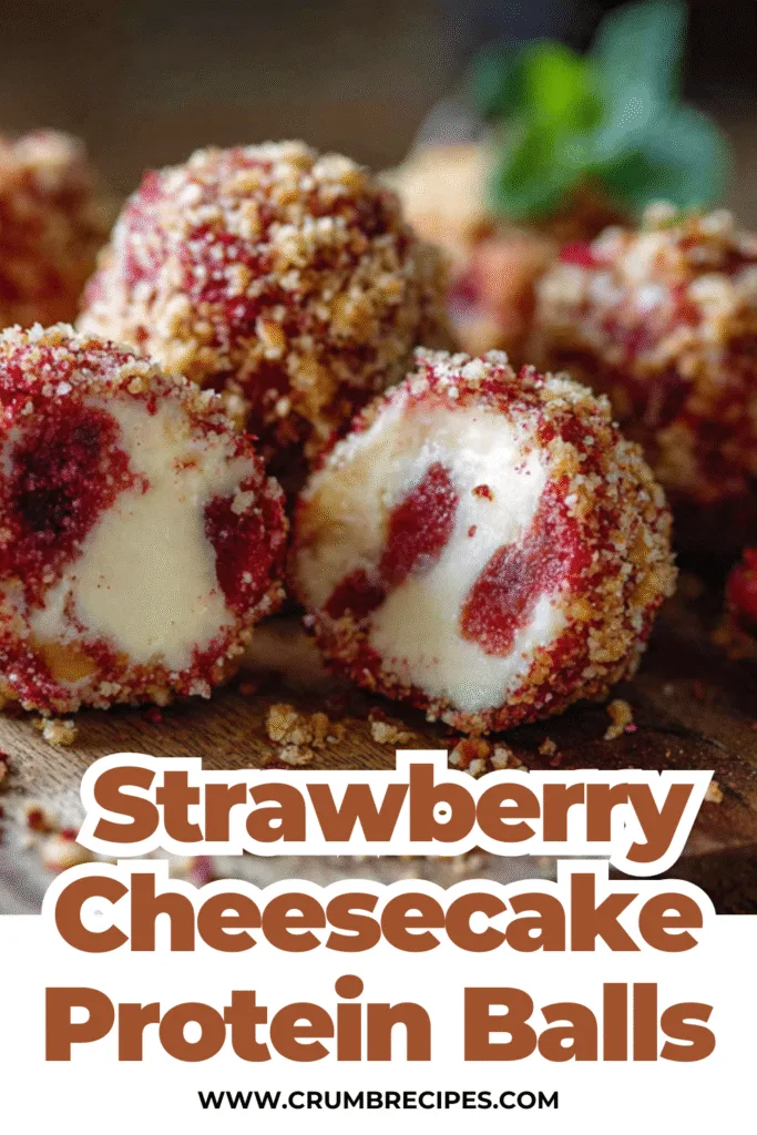 Delicious homemade Strawberry Cheesecake Protein Balls displayed with fresh strawberries and mint.