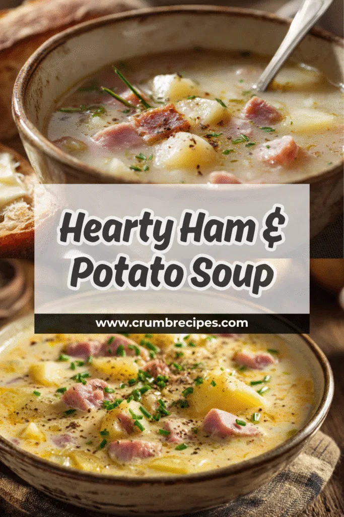 A single serving of homemade Ham and Potato Soup with artisan bread