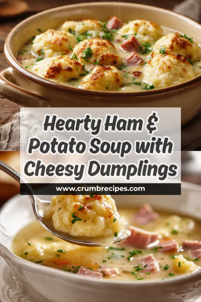 Close-up of a serving of ham and potato soup with cheesy dumplings being dished out.