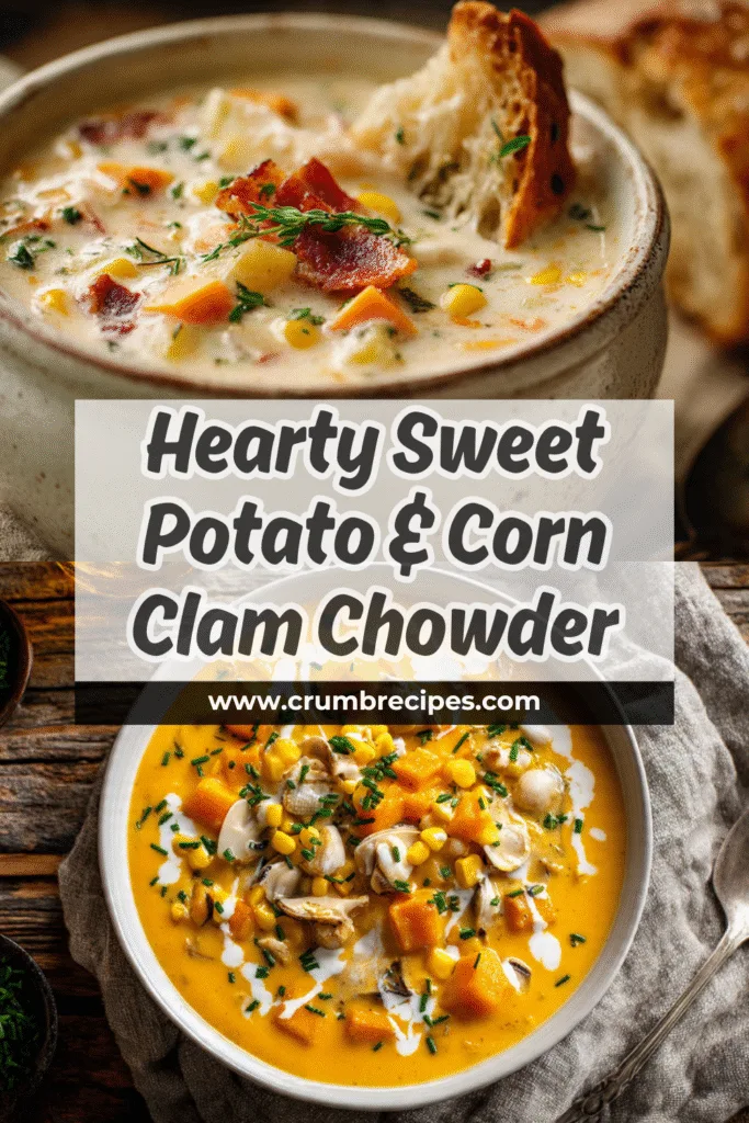 Sweet Potato and Corn Clam Chowder: Your New Favorite Bowl Of Soup Sweet Potato and Corn Clam Chowder Close-up of a serving of Sweet Potato and Corn Clam Chowder with sourdough bread