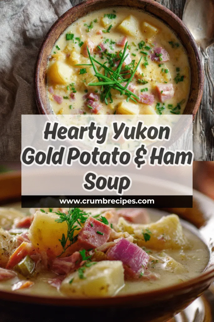 Close-up of a delicious serving of Yukon Gold Potato and Ham Soup garnished with fresh herbs, ready to eat.