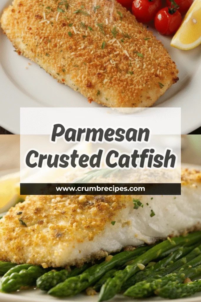 Plated Parmesan-Crusted Catfish serving with roasted tomatoes and lemon.