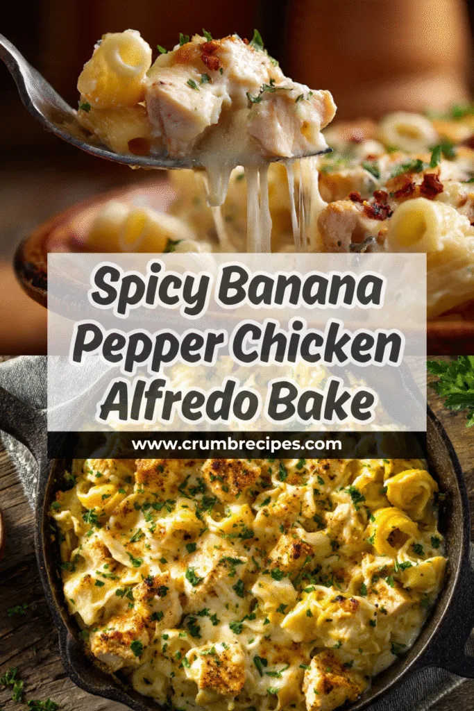 Creamy Banana Pepper Chicken Alfredo Bake with visible banana peppers and chicken, ready to be served.