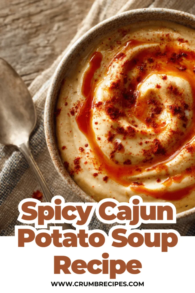 Single serving of warm Spicy Cajun Potato Soup with bread on a cozy kitchen counter