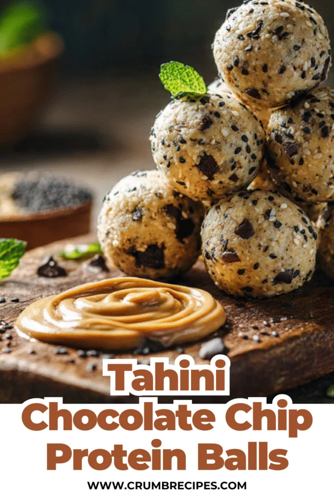 Tahini Chocolate Chip Protein Balls stacked on a wooden board, healthy no-bake snack