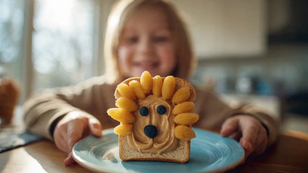 Child enjoying a delicious and cute lion animal face toast for breakfast.