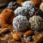 Delicious Almond Joy Protein Balls with coconut and almonds.