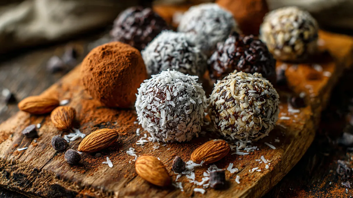 Delicious Almond Joy Protein Balls with coconut and almonds.