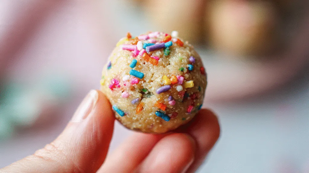 Applesauce Birthday Cake Protein Balls: Your New Go-To Healthy Treat! Cake Protein Balls Close-up of a delicious Applesauce Birthday Cake Protein Ball being held
