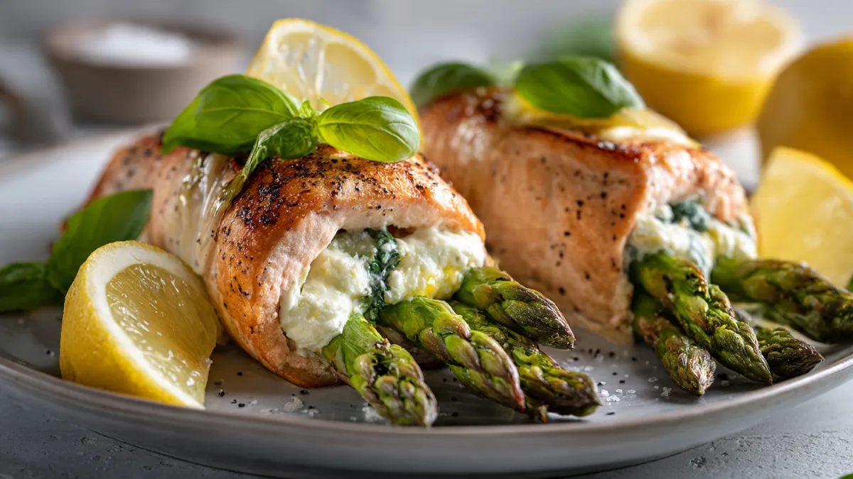 Close-up of a perfectly cooked Asparagus Lemon Basil Ricotta Stuffed Salmon Rolls, showing creamy filling and tender asparagus