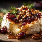 Baked Brie with Cranberry Sauce on a rustic board, garnished with rosemary and pecans.