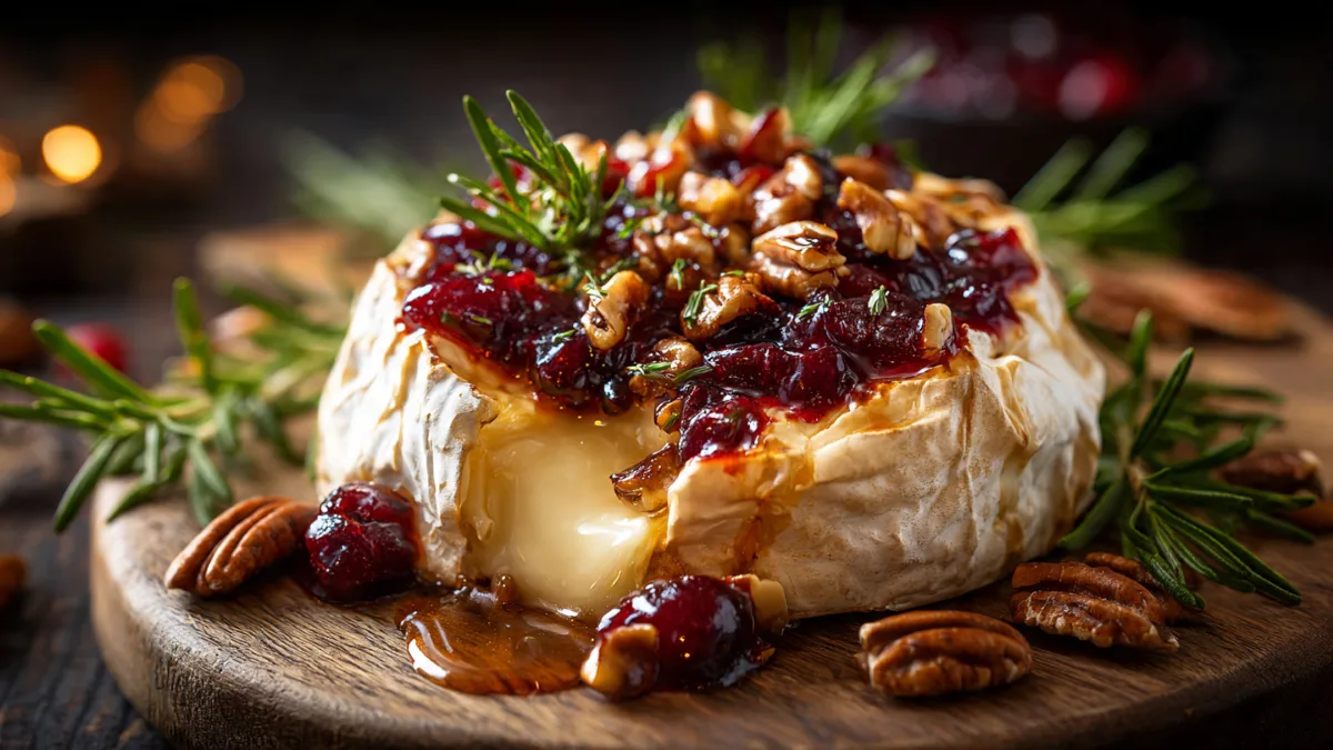 Baked Brie with Cranberry Sauce on a rustic board, garnished with rosemary and pecans.