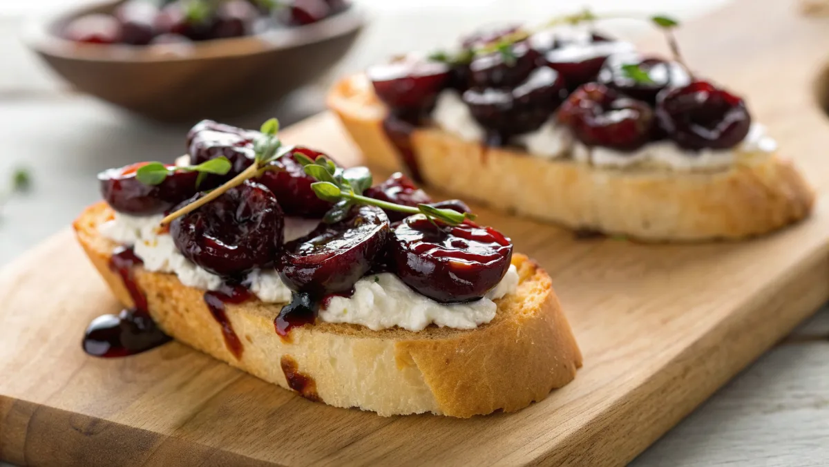 Delicious Balsamic Roasted Cherry Crostini: Sweet & Savory Perfection Goat Cheese Crostini Delicious Balsamic Roasted Cherry Crostini with creamy goat cheese and fresh basil on a rustic board.