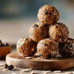 Delicious banana bread energy balls stacked on a wooden board, ready to be enjoyed.