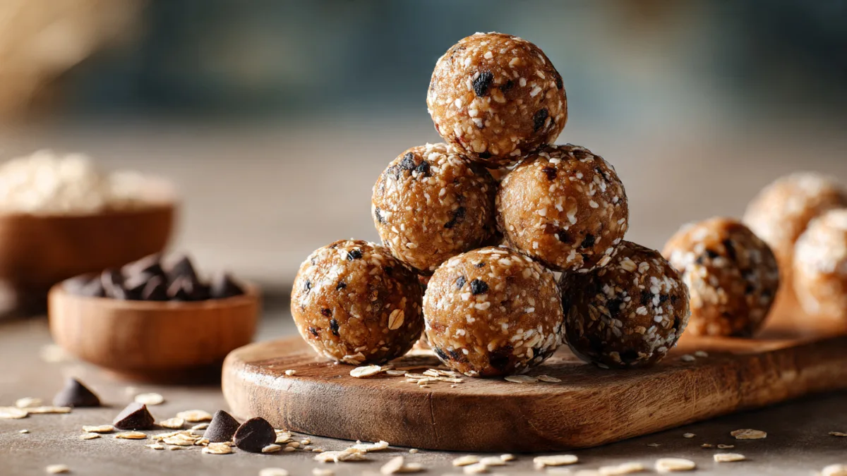 Banana Bread Energy Balls: Your New Favorite Snack (Seriously!) Banana Bread Energy Balls Delicious banana bread energy balls stacked on a wooden board, ready to be enjoyed.