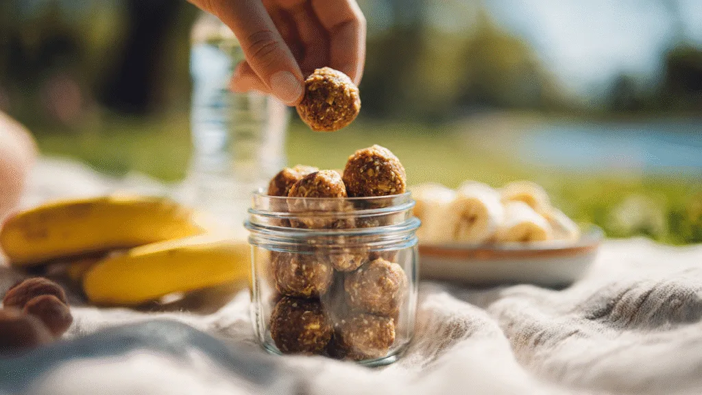 Banana Bread Energy Balls: Your New Favorite Snack (Seriously!) Banana Bread Energy Balls Hand reaching for a banana bread energy ball from a jar, perfect healthy snack for on-the-go.