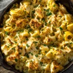 Creamy Banana Pepper Chicken Alfredo Bake with visible banana peppers and chicken, ready to be served.