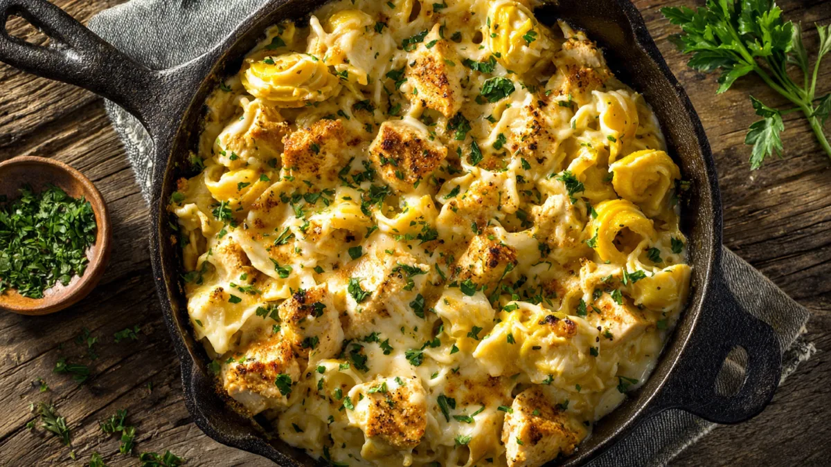 Creamy Banana Pepper Chicken Alfredo Bake with visible banana peppers and chicken, ready to be served.