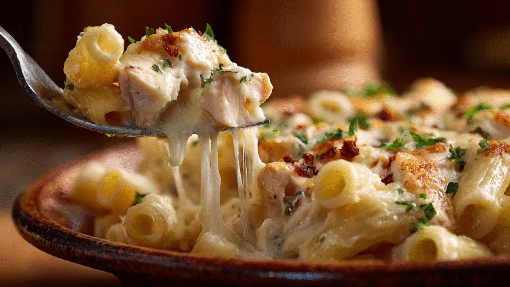 A delicious serving of Banana Pepper Chicken Alfredo Bake with a fork lifting a portion.