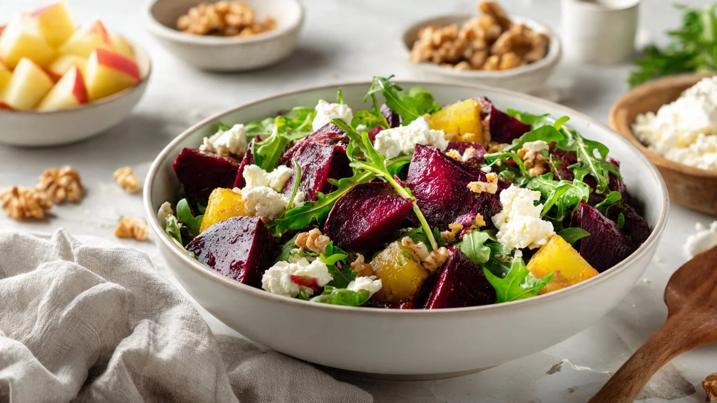 Colorful beet and goat cheese arugula salad with vinaigrette dressing